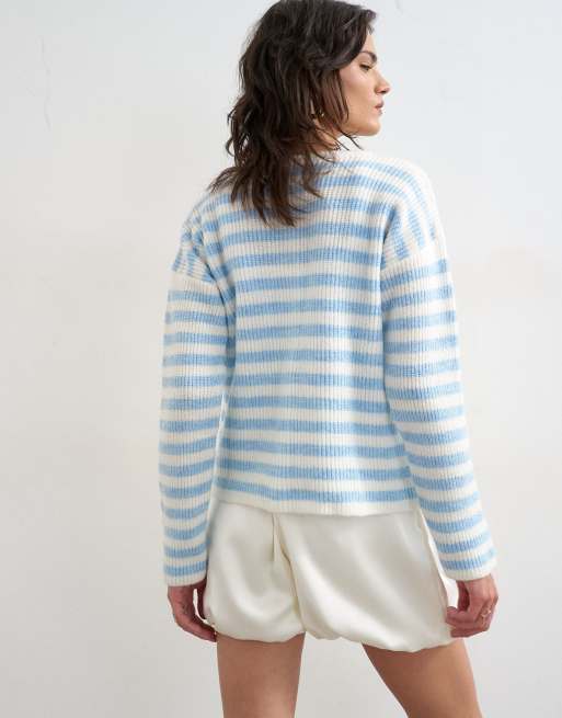 Topshop – Leichte Relaxed-Fit-Strickjacke in Blau und Ecru gestreift mit Rippenstruktur, 4 von 4