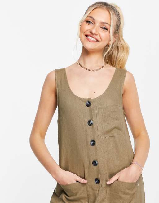 Topshop – Leichter, durchgeknöpfter Jumpsuit in Khaki mit Taschen, 3 von 4