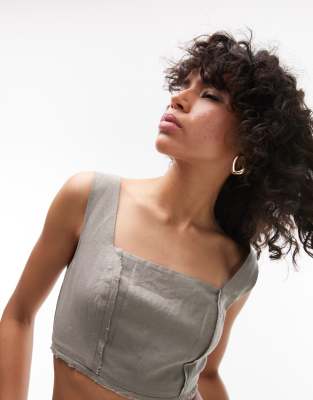 Topshop - Leinen-Bustier in Khaki mit eckigem Ausschnitt, Kombiteil-Grün