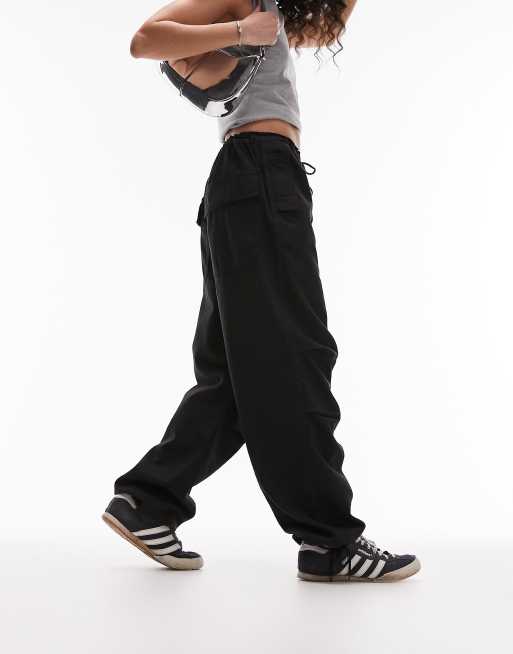 Topshop – Leinen-Fallschirmhose in Schwarz mit Ballonbeinschnitt