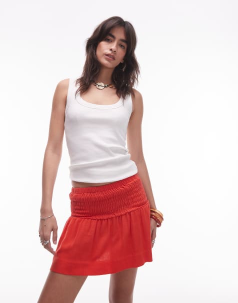 Topshop – Leinen-Minirock in Rot mit seitlicher Raffung und hohem Bund - view 1