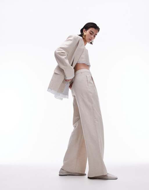 Topshop – Leinenhose in Ecru mit weitem Schnitt und freiliegendem Futter, Kombiteil