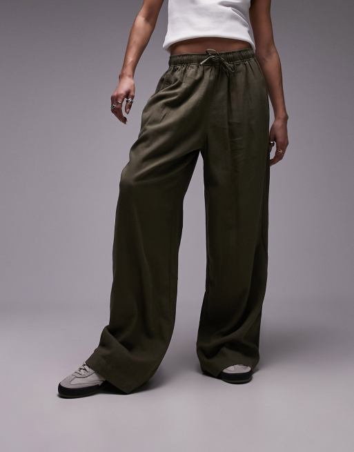 Topshop – Leinenhose in Khaki mit weitem Schnitt