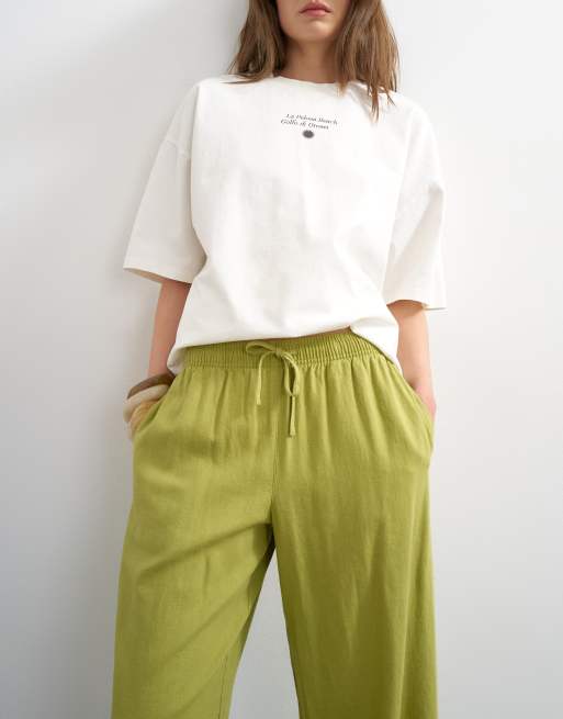 Topshop – Leinenhose in Mittelgrün mit geradem Schnitt und breiten Bündchen, 2 von 5