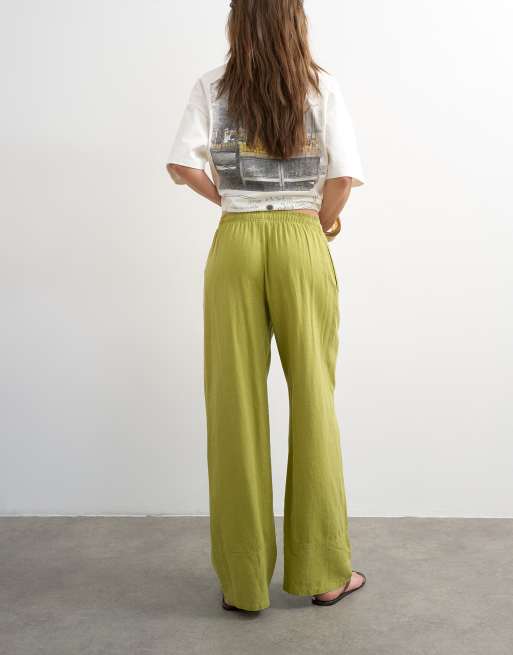 Topshop – Leinenhose in Mittelgrün mit geradem Schnitt und breiten Bündchen, 3 von 5
