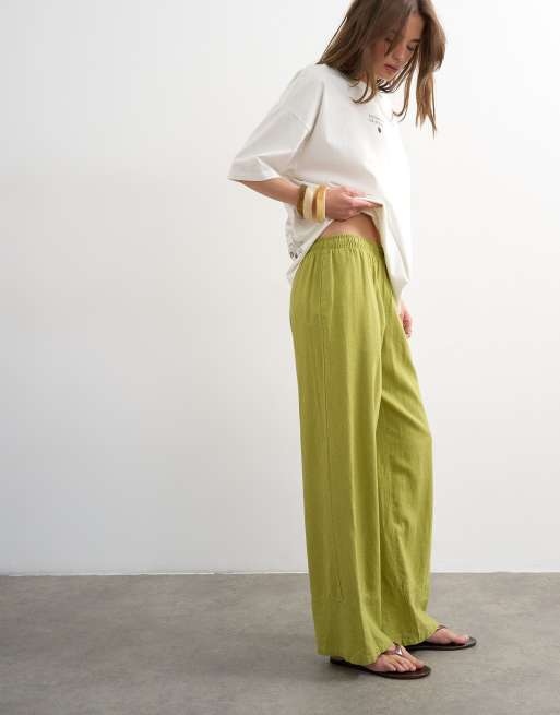 Topshop – Leinenhose in Mittelgrün mit geradem Schnitt und breiten Bündchen, 5 von 5