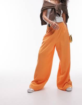 Topshop - Leinenhose in Orange mit hohem Bund und sehr weitem Bein