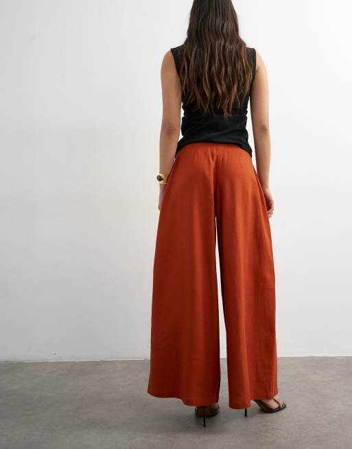 Topshop – Leinenhose in Rostrot mit A-Linien-Schnitt und weitem Bein, 3 von 5