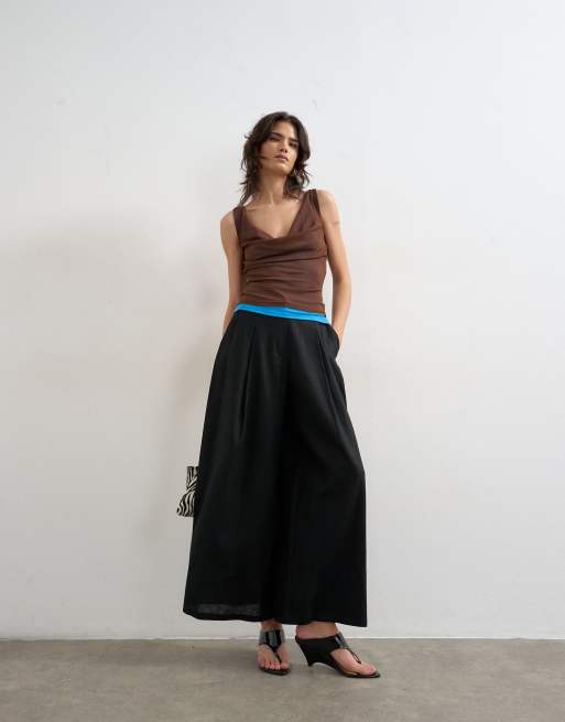 Topshop – Leinenhose in Schwarz mit A-Linien-Schnitt und weitem Bein, 3 von 5