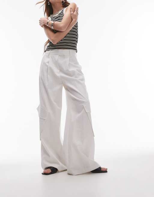 Topshop – Leinenhose in Weiß mit weitem Bein und Taschen
