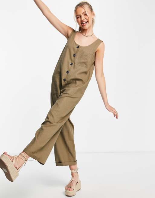 Topshop – Lekki kombinezon z zapięciem na guziki i kieszenie w kolorze khaki