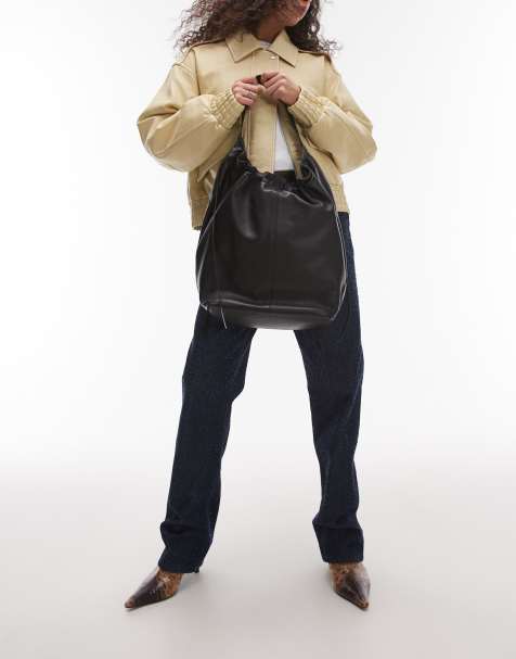 Topshop - Lennox - Borsa shopping in pelle nera con arricciatura - view 1