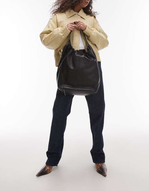 Topshop Lennox leather tote with ruche detail in black