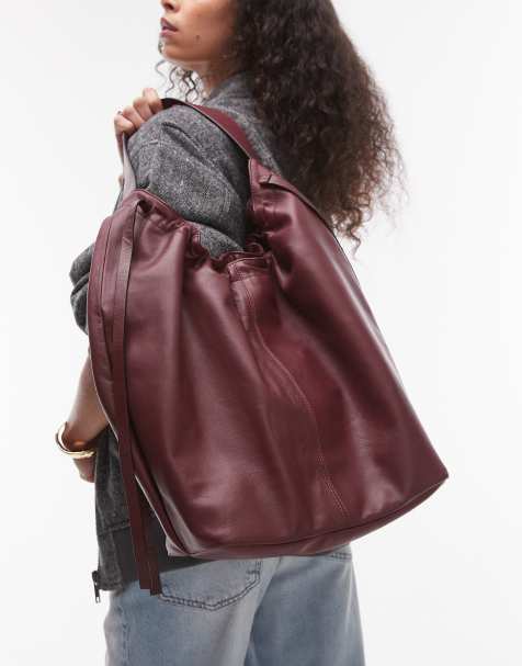 Topshop Lennox leather tote with ruched detail in burgundy - view 1