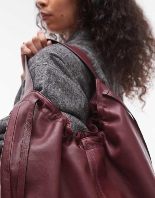 Topshop Lennox leather tote with ruched detail in burgundy