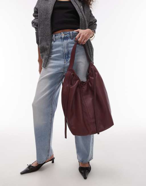 Topshop Lennox leather tote with ruched detail in burgundy