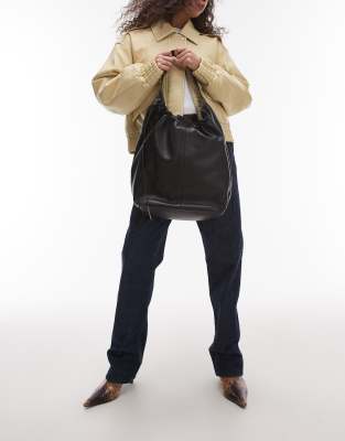 Lennox real leather tote with ruche detail in black