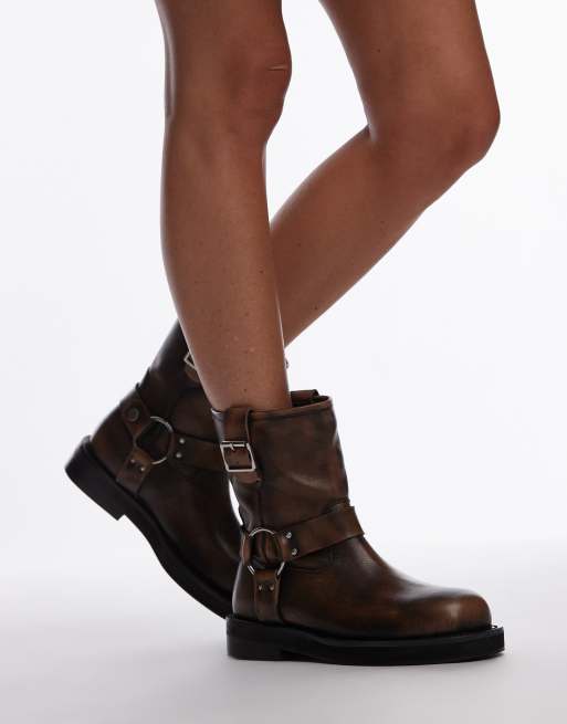 Topshop - Lenny - Bottines en cuir effet usé avec harnais - Marron, 2 de 4