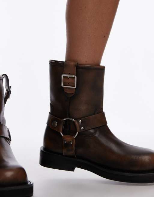 Topshop - Lenny - Bottines en cuir effet usé avec harnais - Marron, 3 de 4