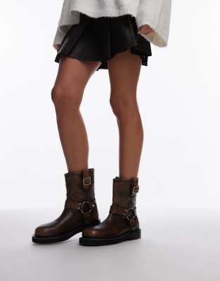 Topshop Lenny Leather Ankle Boots With Harness Detail In Distressed Brown