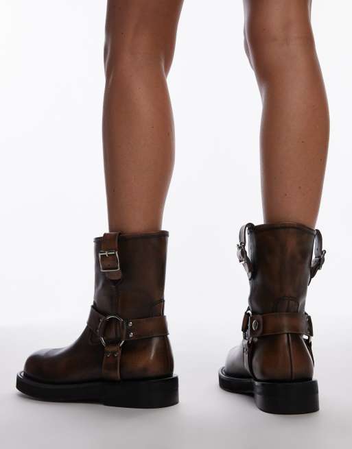 Topshop Lenny leather ankle boots with harness detail in distressed brown, 4 of 4
