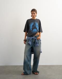 Model wearing Topshop 'Lenny' oversized graphic tee in washed grey