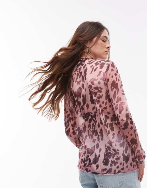 Topshop leopard crinkle long sleeve top in pink