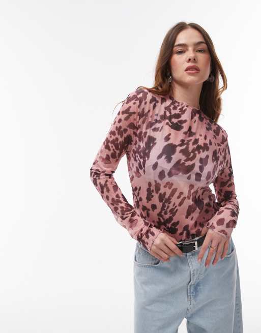 Topshop leopard crinkle long sleeve top in pink