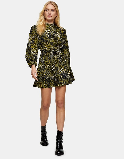 Topshop leopard frill mini shirt dress in khaki