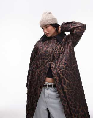 Topshop Leopard Long Nylon Coat With Cord Collar In Multi