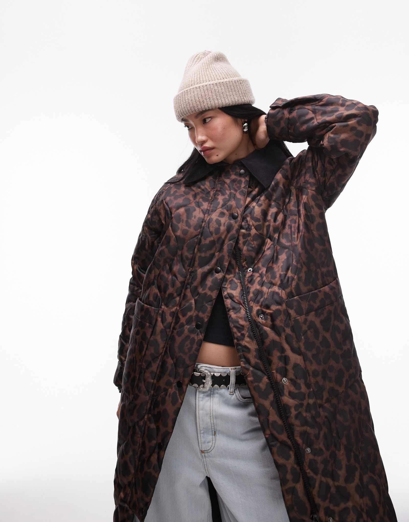 Длинное нейлоновое пальто Topshop leopard leopard с воротником-стойкой из разноцветного