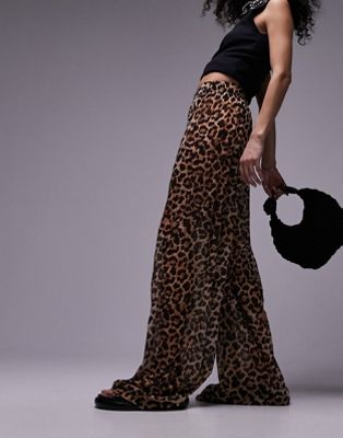 Topshop Leopard Print Crinkle Pants In Brown