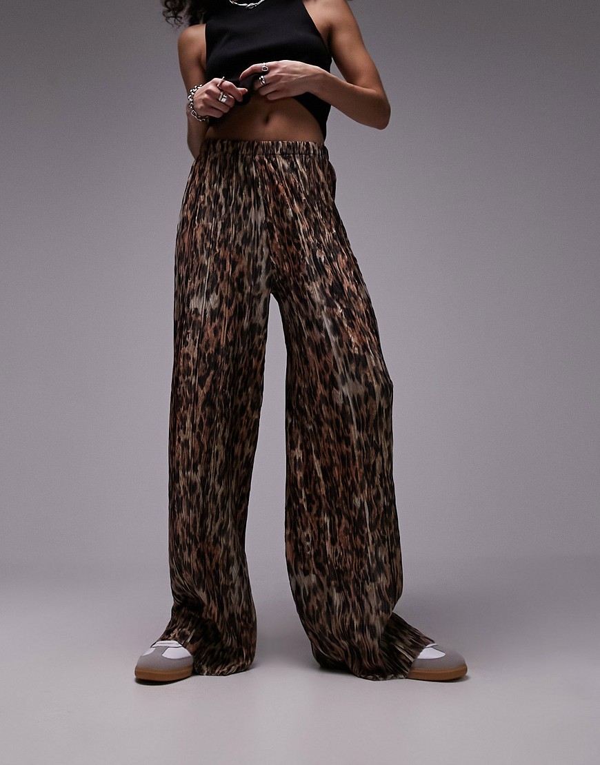 Topshop leopard print crinkle plisse straight leg trouser in brown