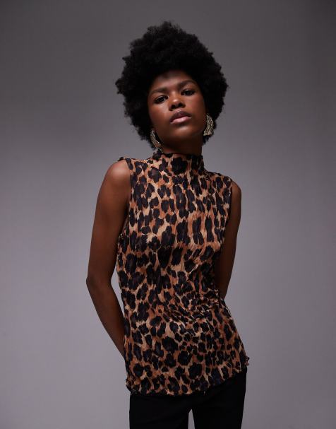 Topshop leopard print crinkle sleeveless top in multi - view 1