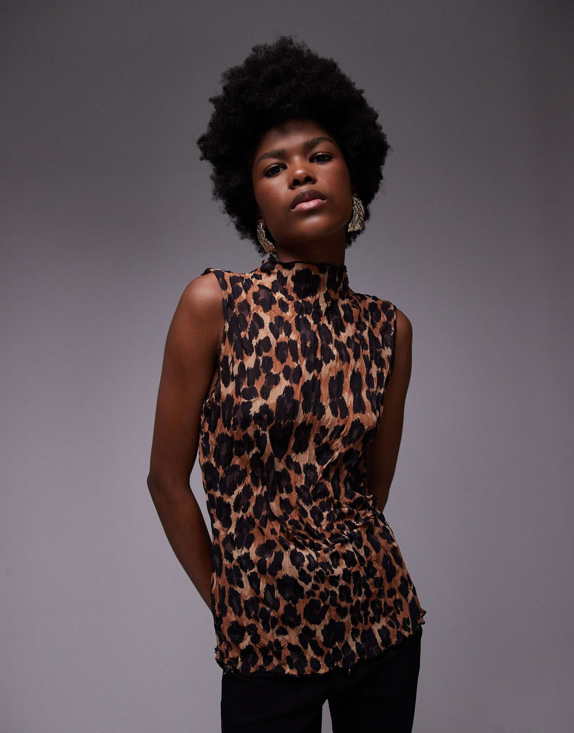 topshop leopard print crinkle sleeveless top in multi