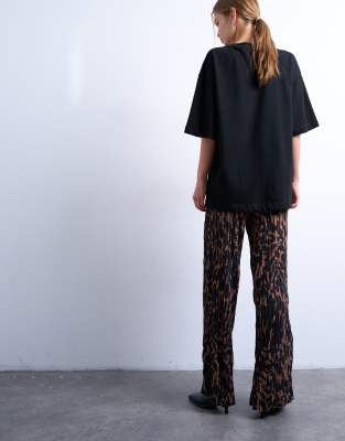 Topshop Leopard Print Crinkle Wide Leg Pants In Brown