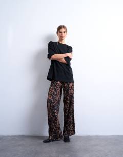 Leopard print crinkle wide leg trouser in brown