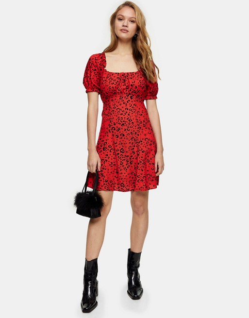 Topshop leopard print gathered bust mini dress in red