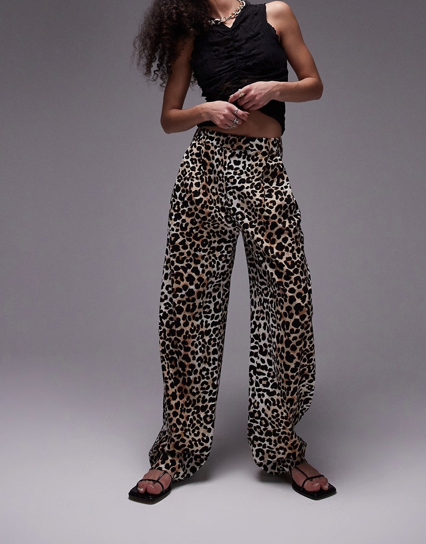 Topshop Leopard Print Linen Pleated Wide Leg Pants In Multi