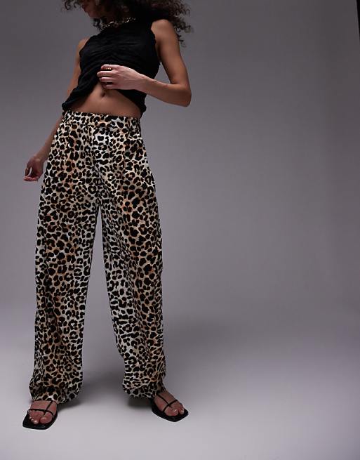 Topshop leopard print linen pleated wide leg pants in multi Topshop leopard print linen pleated wide leg pants in multi
