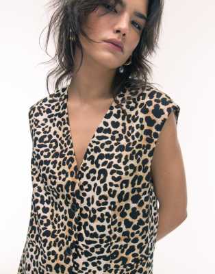 Topshop Leopard Print Linen Vest In Multi