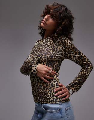 Topshop leopard print microfibre long sleeve top-Multi