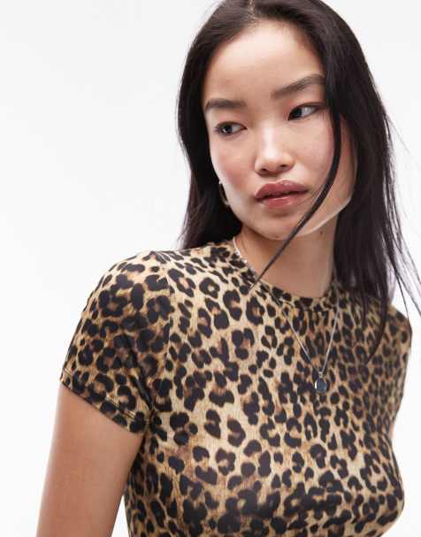 Topshop leopard print microfibre t-shirt in brown  - view 1