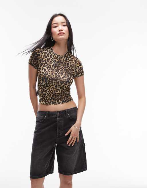 Topshop leopard print microfibre t shirt in brown