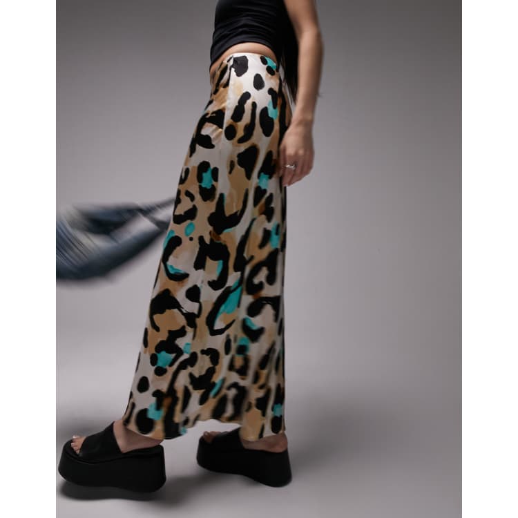 Topshop leopard print satin bias midi skirt in multi