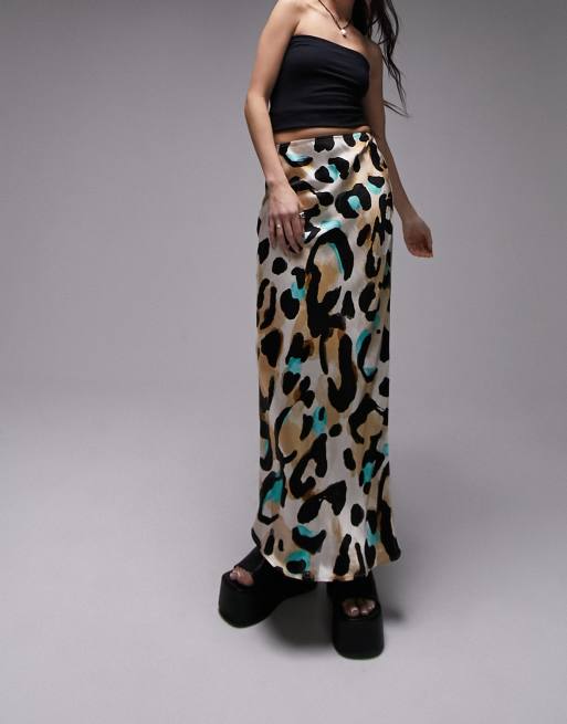 Topshop leopard print satin bias midi skirt in multi