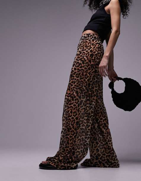 Topshop leopard print sheer crinkle trouser in brown - view 1