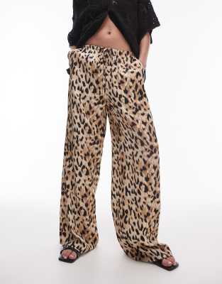 Topshop Leopard Printed Satin Straight Leg Tie Waist Pants In Light Leopard-multi