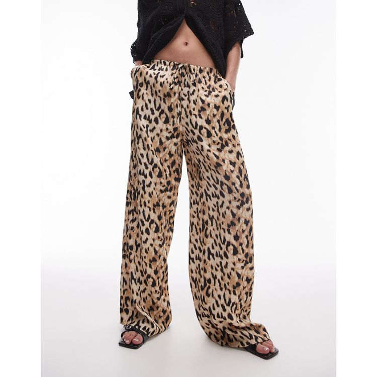 Topshop leopard printed satin straight leg tie waist pants in light leopard