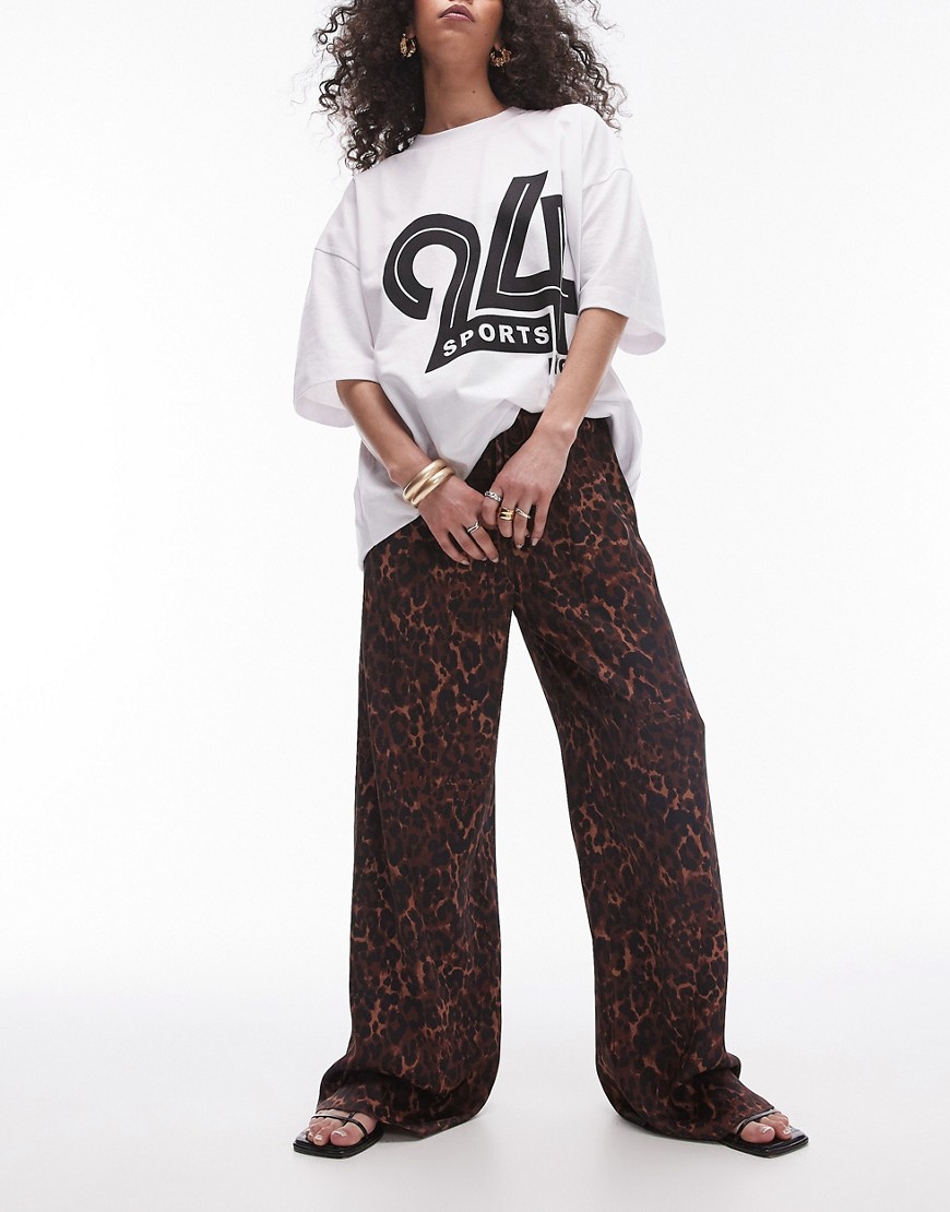 Topshop leopard printed satin straight leg tie waist trouser in dark leopard-Multi